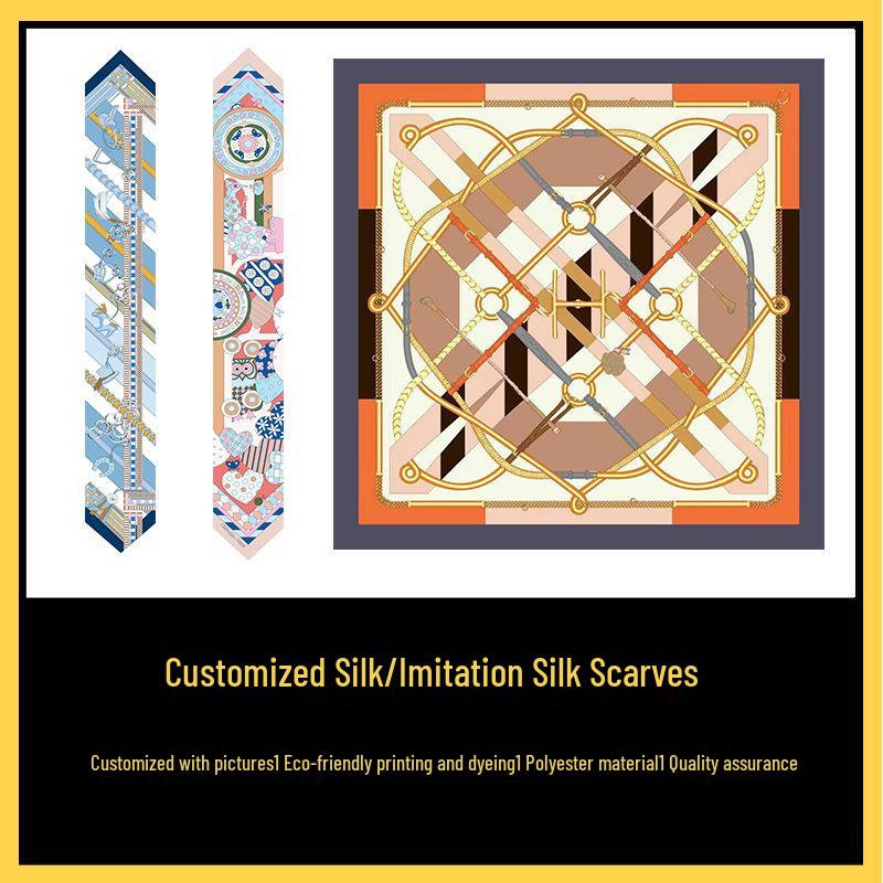 

Индивидуальный женский шарф из искусственного шелка: Высококачественная печать, Маленький квадрат, Повязка для волос с длинной лентой, Персонализированный логотип бренда