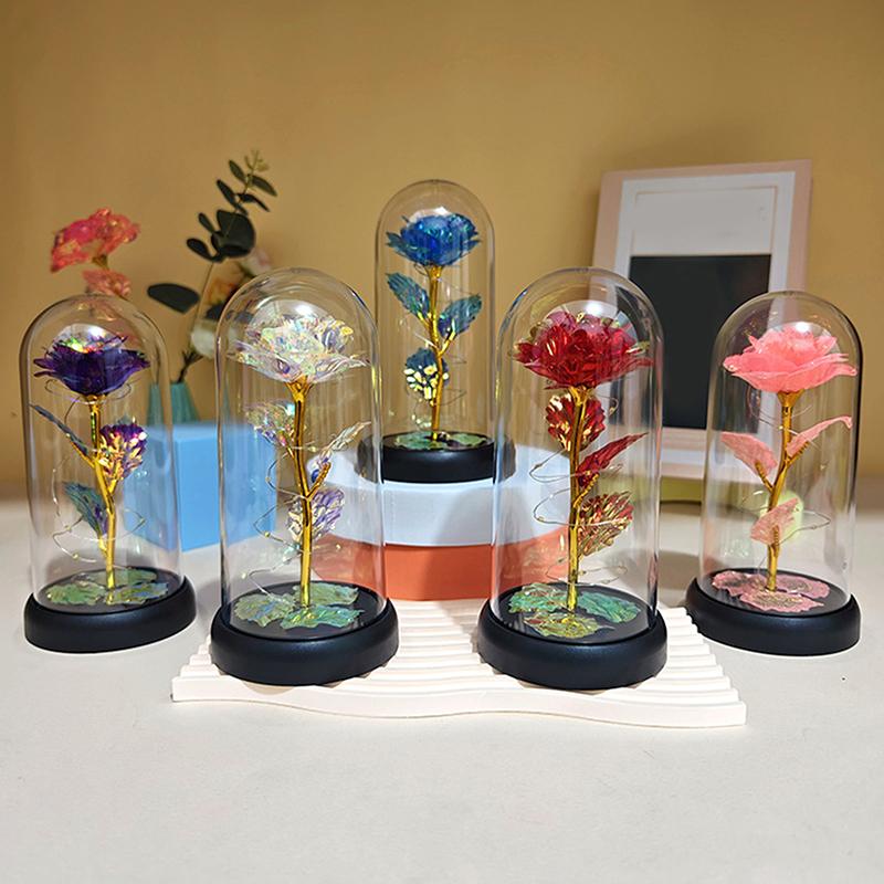 1 Set Light Up Wedding Galaxy Rose Decor Artificial Flowers Led Red Rose Valentine'S Day Gift Rose In Acrylic Cover Stand