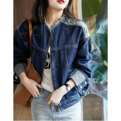Einfarbiger Denim-Mantel Frühling Herbst Lässig Stehkragen Reißverschluss Mode Taschen Quaste Gespleißte Jacken