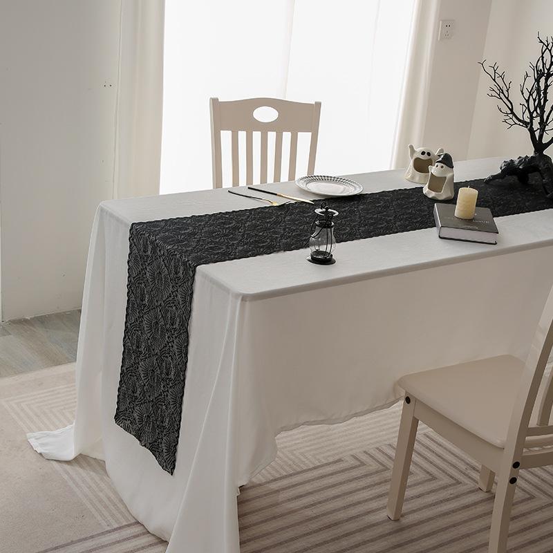 1pc Black Polyester Lace Spider Web Table Runner | American Halloween Party Gift Home Dining Decor, Ghost Festival, Festive Tabletop Accessory