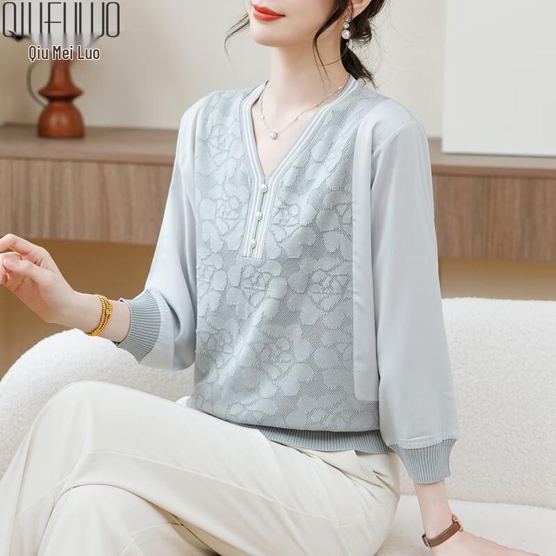 Qiufuro V-Neck Mesh Sleeve Knit Top for Women XL