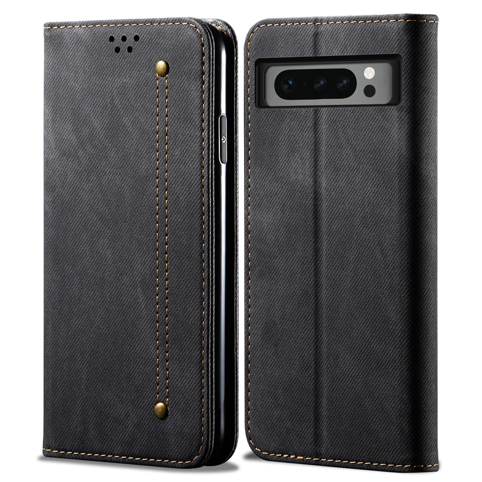 

For Google Pixel 8 Pro PU Leather Wallet Stand Case Jeans Cloth Texture Phone Cover Black