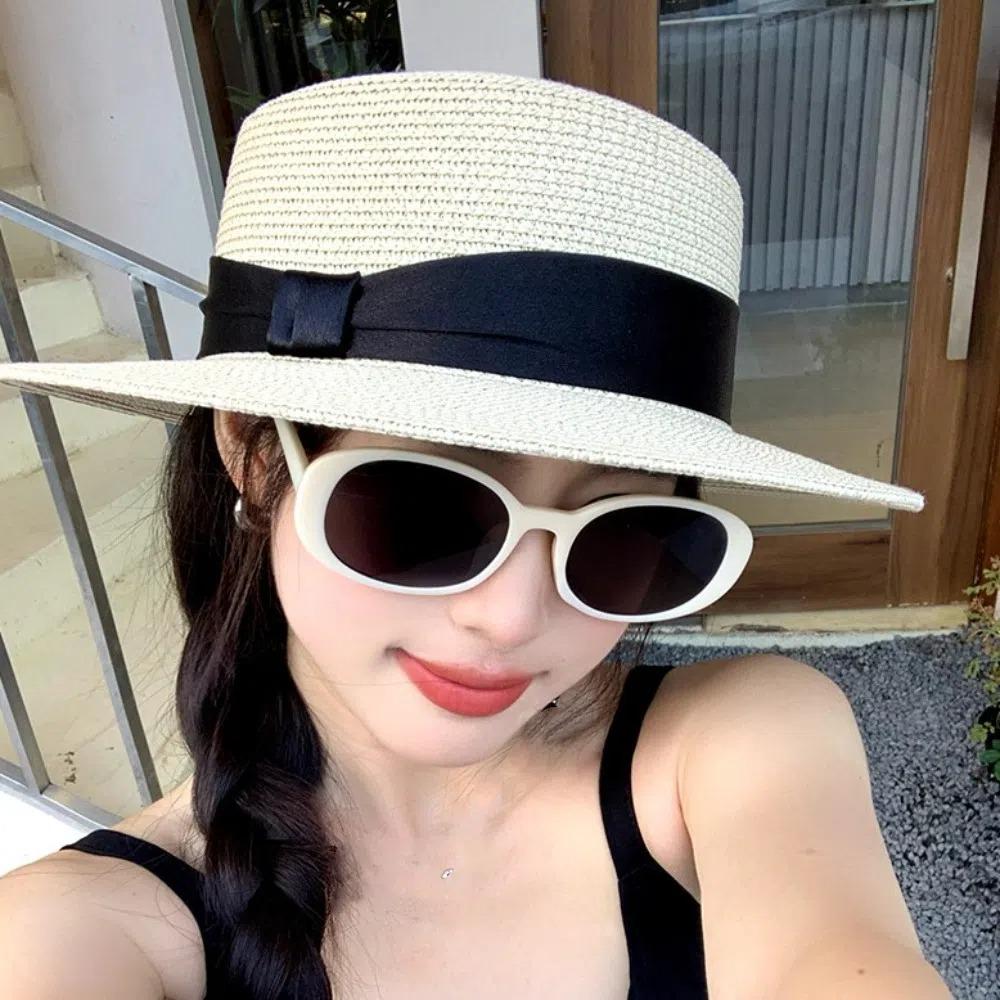 

Breathable Straw Woven Hat Elegant Women s Sun Hat Retro Beach Flat Top Hat Ladies Khaki-Black