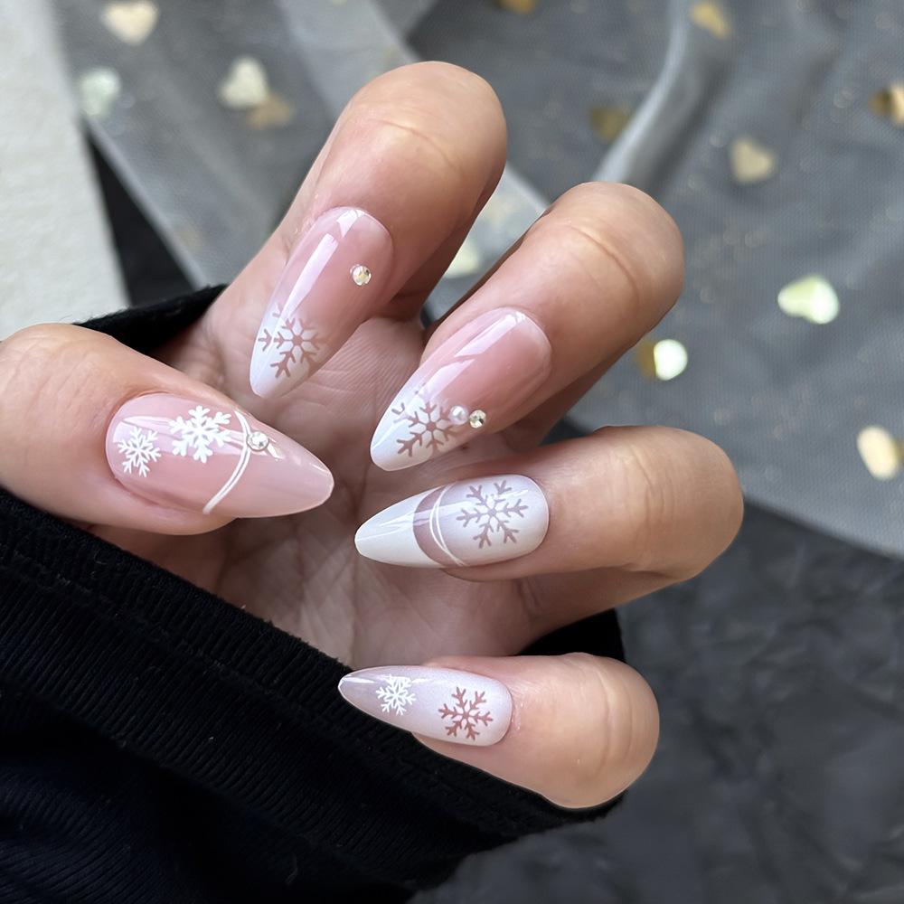 Winter Sparkle Diamond Snowflake Nail Art - 24 Almond-Shaped French Wearable Nails