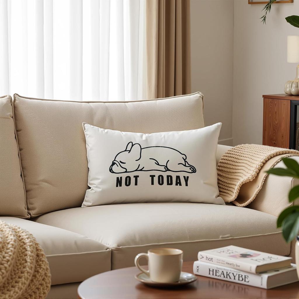 Cute Not Today French Bulldog Throw Pillow Covers 12x20 inch, Funny Pug Dog Pillowcases Home Decor for Bed Couch Sofa Therapy Office Living Room,