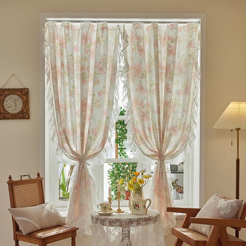 Vintage Lace Side Curtain Bedroom Floral Printed Window Curtains Living Room Lace Sheer Screen Partition Home Decoration
