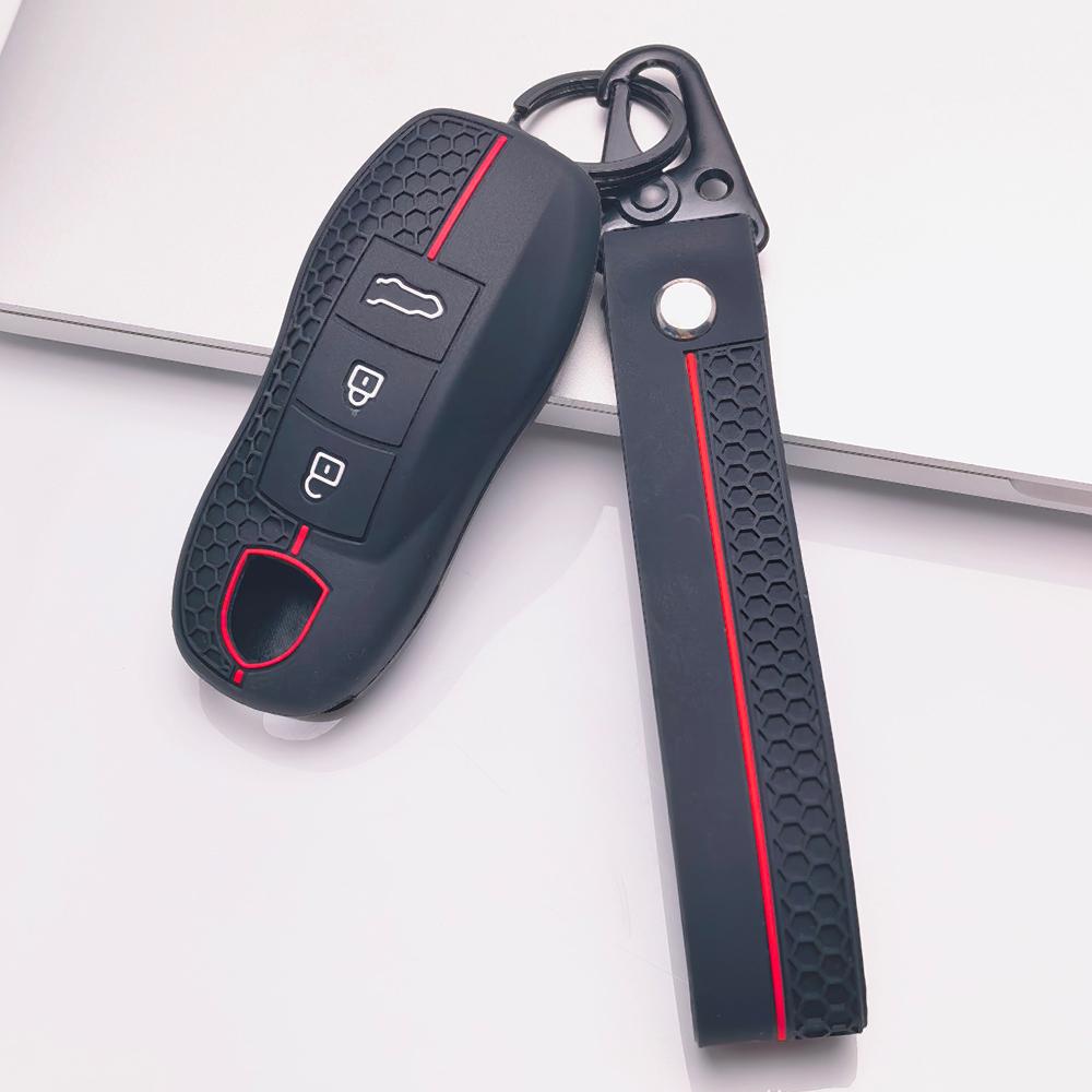 Silicone Car Key Fob Cover for Porsche Cayenne Macan Panamera 911 Boxster Cayman Taycan 718 Spyder GT3 RS with Keychain Key Shell Accessory