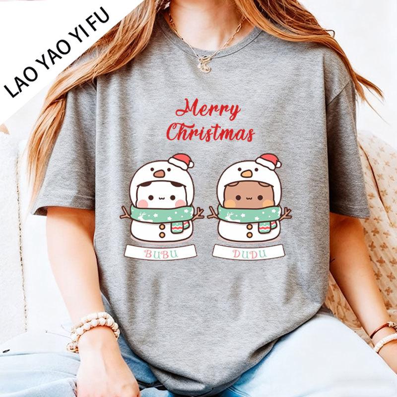 Kawaii SnowUnisex Bubu Dudu Christmas Graphic Tshirt Trendy Funny Cartoon Panda Printing Women Shirt Fashion Holiday Cotton Tees