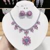 Pink Pendant Necklace Earrings For Women Engagement Trendy Crystal Jewelry Set Bridal Wedding Chokers Party Accessories Gifts