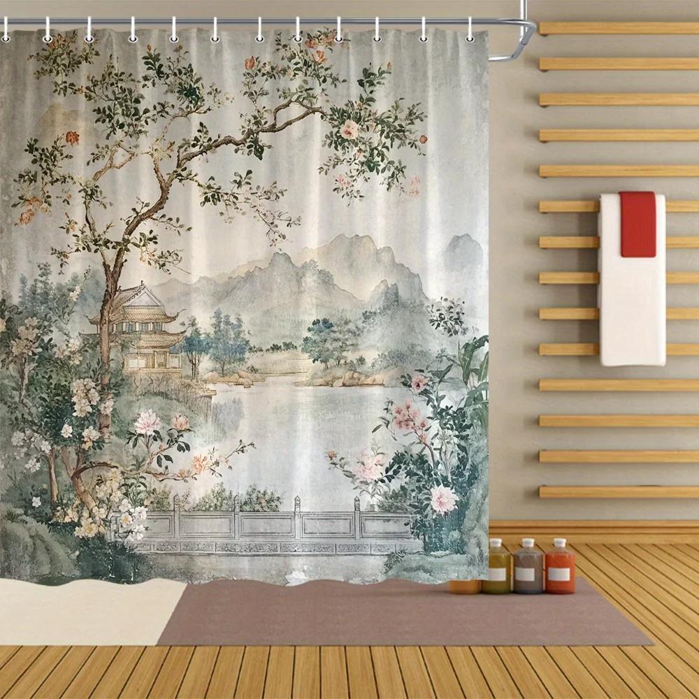 

1pc Scenic Waterfall Forest Mountain Shower Curtain - Traditional Chinese Landscape Art with Blooming Flowers & Misty Mountains, W90xH180cm