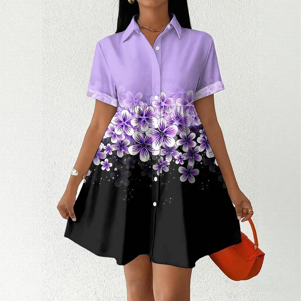 Casual Loose Fit Shirt Dress with Button Front and Stand Collar Short Sleeve Lightweight Summer Dress for Women