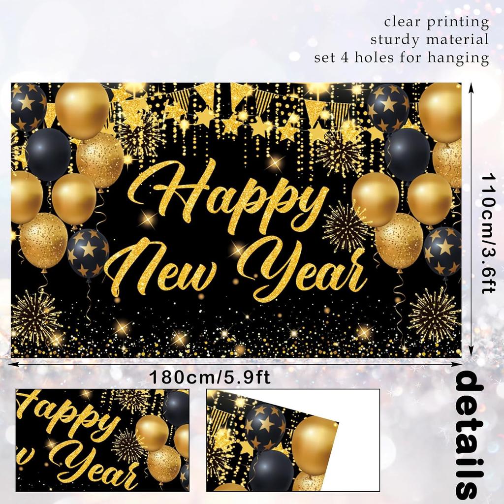 Black Gold Happy New Year 2026 Banner, Large New Years Eve Banner, NYE Birthday Party Decorations Background for Friend, Family, Indoor, Outdoor,
