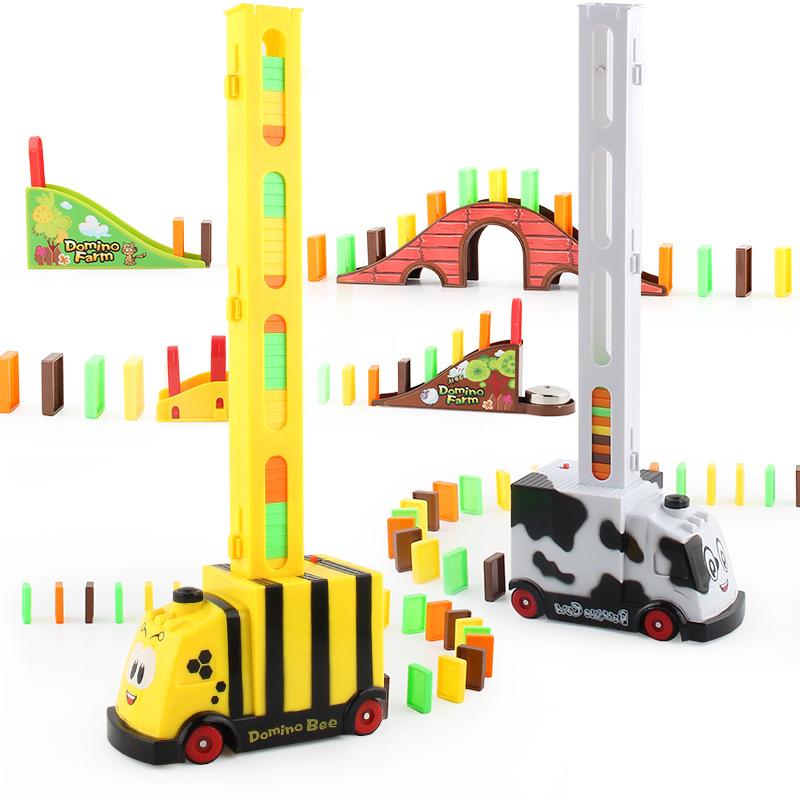 Children'S Educational Building Block Bee Cow Domino Small Train Diy Automatic Drop Electric Toy Car