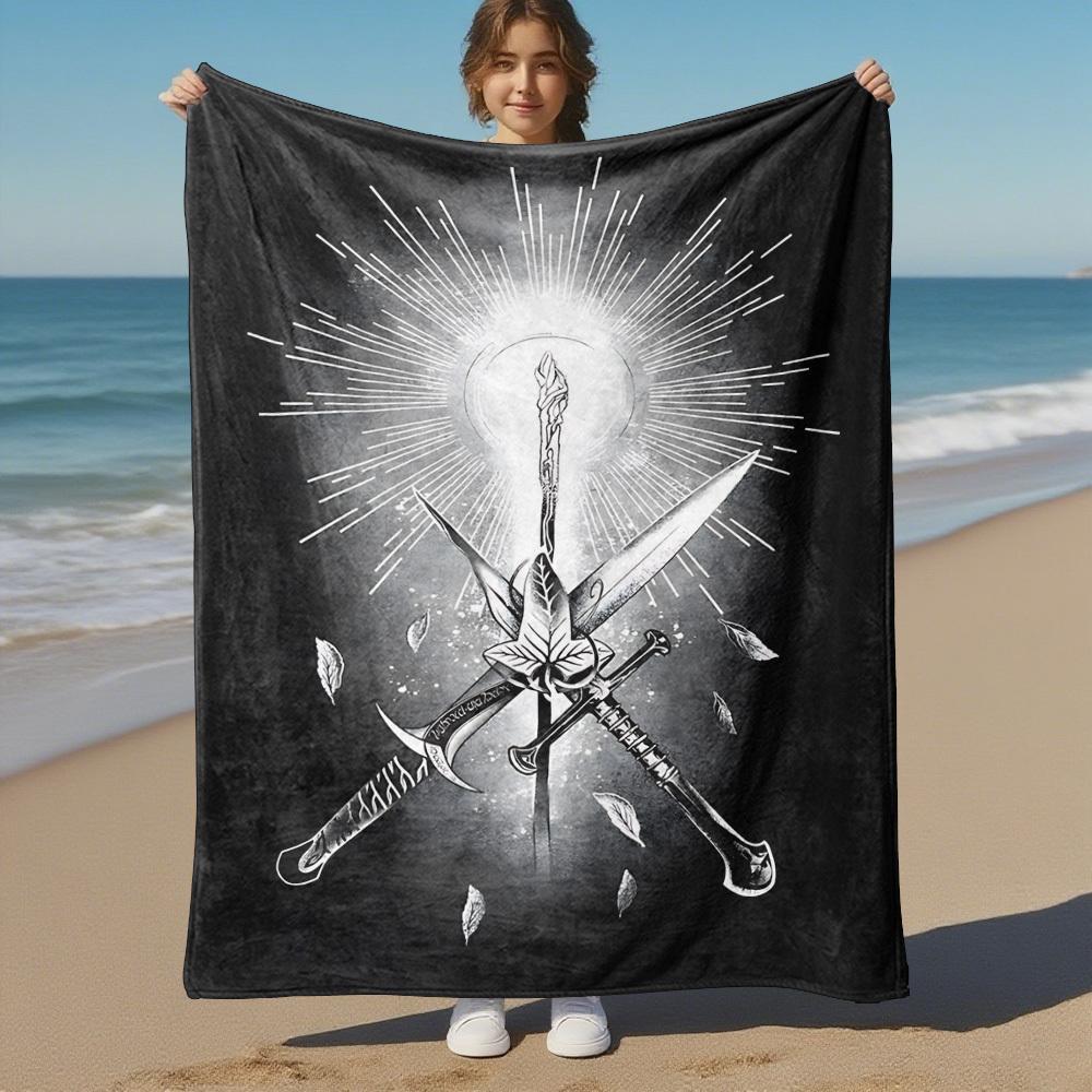 1pc Sword Leaf Light - Throw Blanket, Soft, Flannel Blankets, Living Room, All Seasons Use-1021181