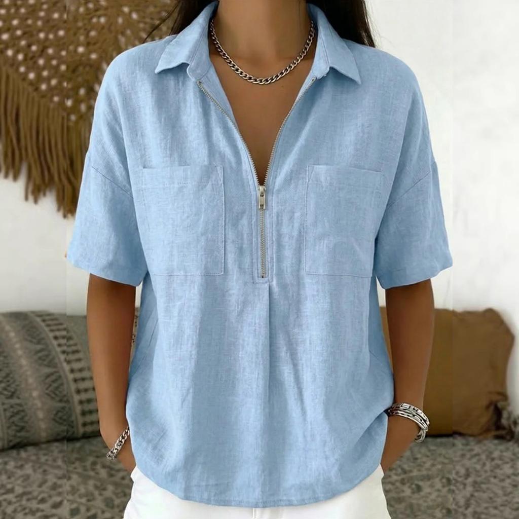 Women's Fashion Color Loose Collar Short Sleeve Casual Shirt V-neck Zipper Top