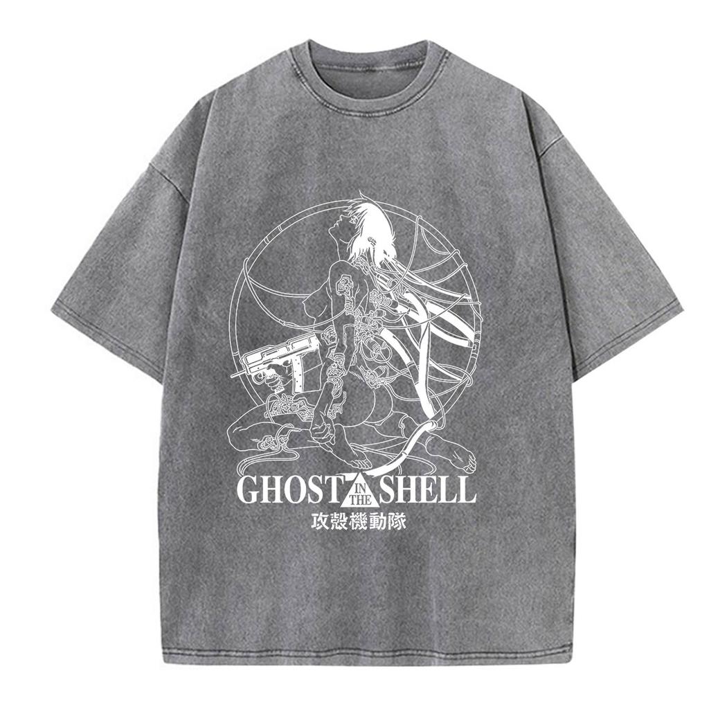 Anime Ghost In The Shell Motoko Kusanagi Vintage Washed T Shirts Men Women Clothing Casual Short Sleeve Oversized Tshirts Tops