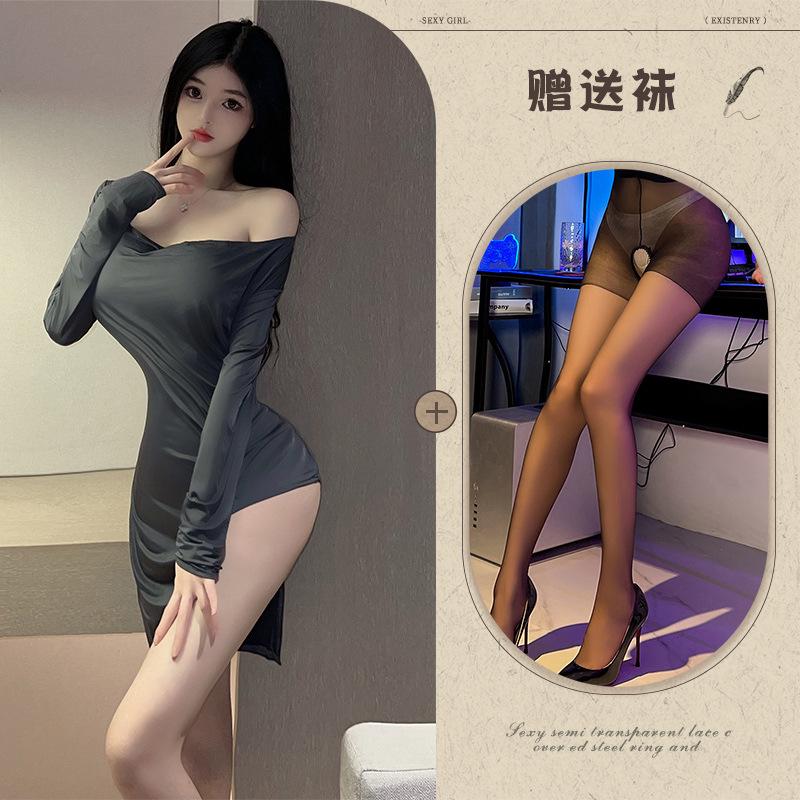 Split Perspective Sex Underwear Sexy Nightclub Style Uniform Hot Free Ice Silk Large Dress