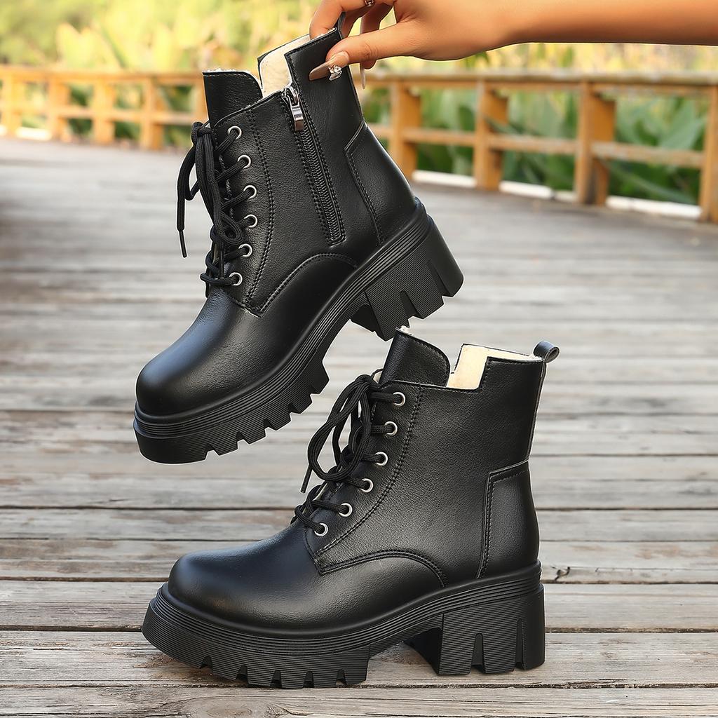New Women Pu Leather Ankle Booties Woman Autumn Winter Plush Round Toe Lace Up Shoes Woman Motorcycle Platform Gothic Boots 11