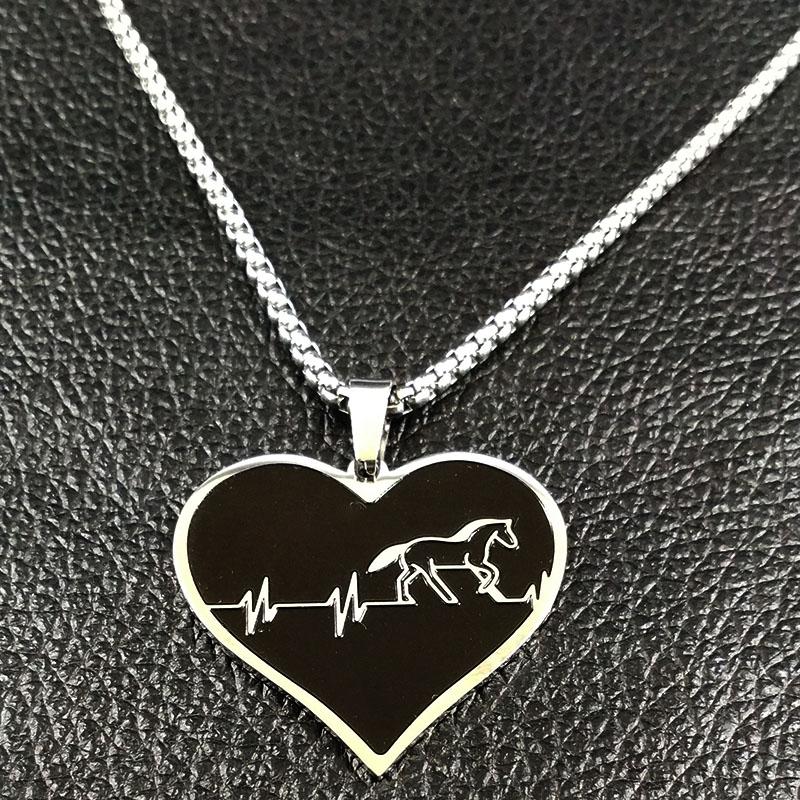 Fashion Horse Stainless Steel Choker Necklace for Men Silver Color Black Heart Necklace Jewelry Colgante Hombre N1048S01