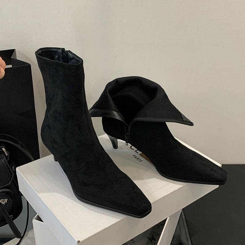 Mode Mode Niedriger Absatz Schuhe Flock Damen Knöchel Modern Stiefel Mit Schuhen Spitze Zehenpartie Damen Kurze Stiefeletten Reißverschlüsse Schuhe Damen Pumps