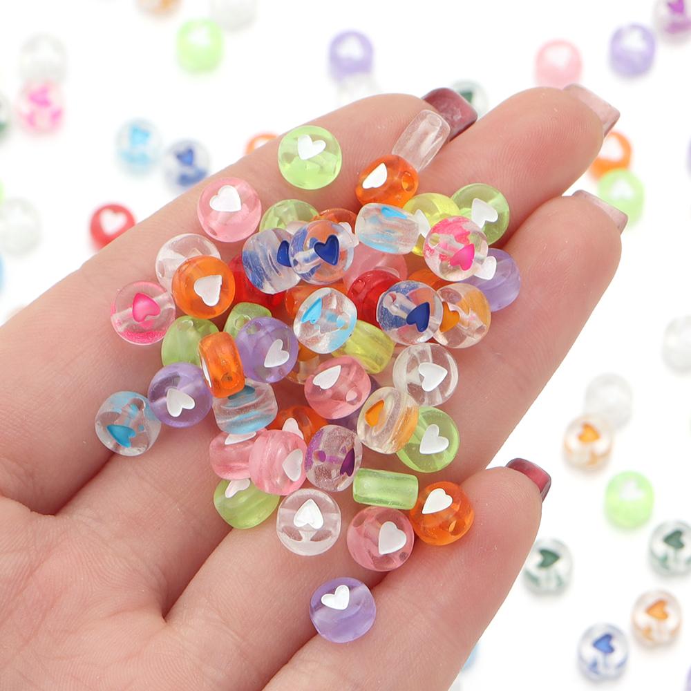 100pcs/lot 7mm Acrylic Beads Colored Transparent Heart Pattern Loose Flat Round Beads For Craft Bracelet Making DIY Jewelry Gift