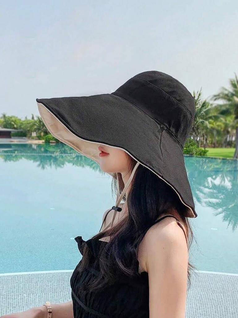 Womens Wide Brim Reversible Sun Hat Polyester Bucket Hat For Summer Casual Outdoor