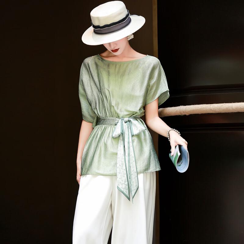 Lanser 2026 Summer Elegant Acetate Tie-Waist Short-Sleeve Blouse XL