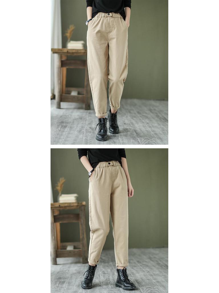 2024 Women's Spring & Autumn Retro Harem Pants, Elastic Waist, Loose Fit, Plus Size, Pure Cotton Carrot Pants