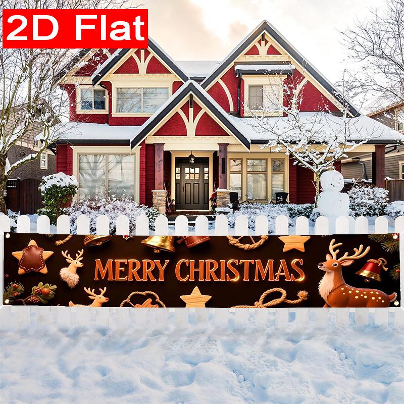 Merry Christmas Fence Banner, Deer & Jingle Bells Indoor Outdoor Design, Polyester Outdoor Yard Fence Lawn Garage Porch Balcony Decoration