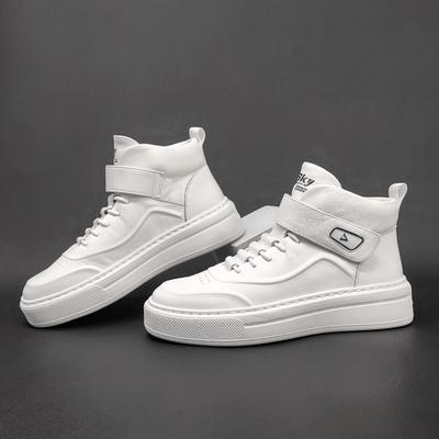 Men'S White High-Top Board Shoes Men'S Trendy Shoes Boys Versatile White Shoes Leather High-Top Shoes Platform Casual Shoes Men