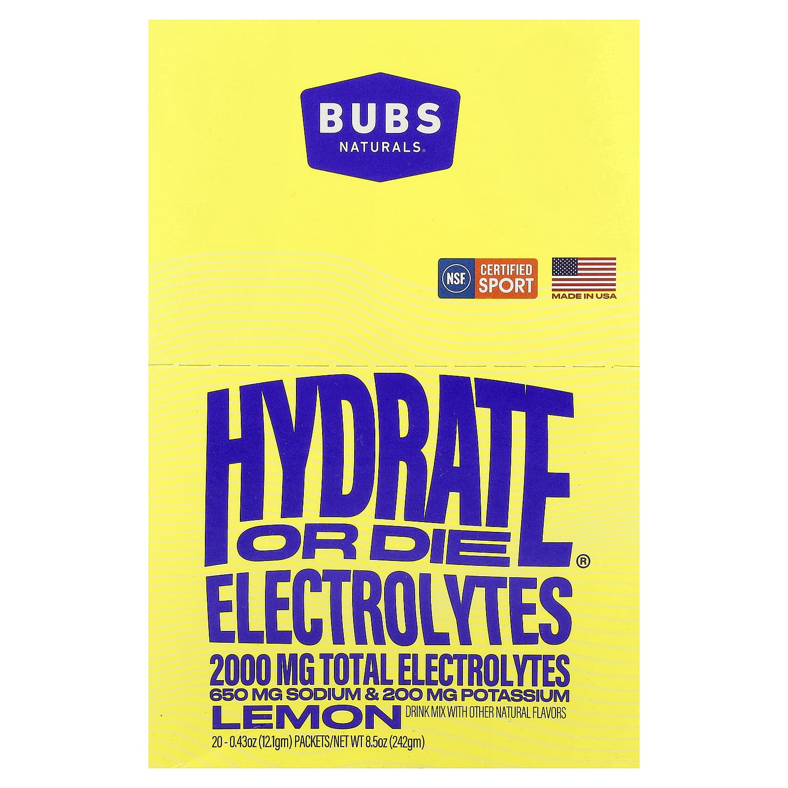 

BUBS Naturals, Hydrate or Die®, Electrolyte Drink Mix, Lemon, 20 Packets, 12.1 g (0.43 oz) Each