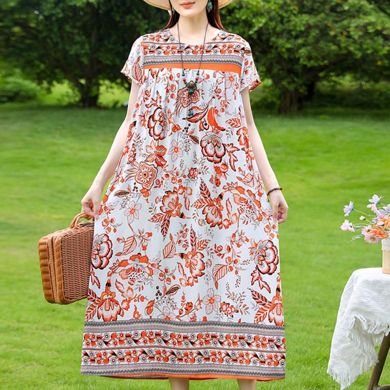 Damen Plus Size Boho-Print Maxikleid, Kurzarm Freizeit-Sonnenkleid (XL-5XL)