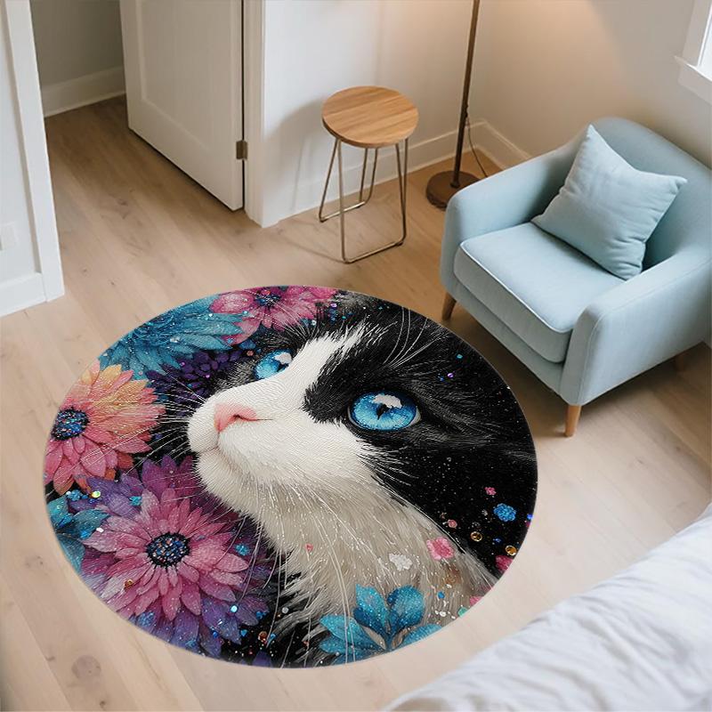 Flower Black and White Cat,Round Area Rug,Carpet Rug for Living Room Bedroom Sofa Playroom Decor,Non-slip Floor Mat