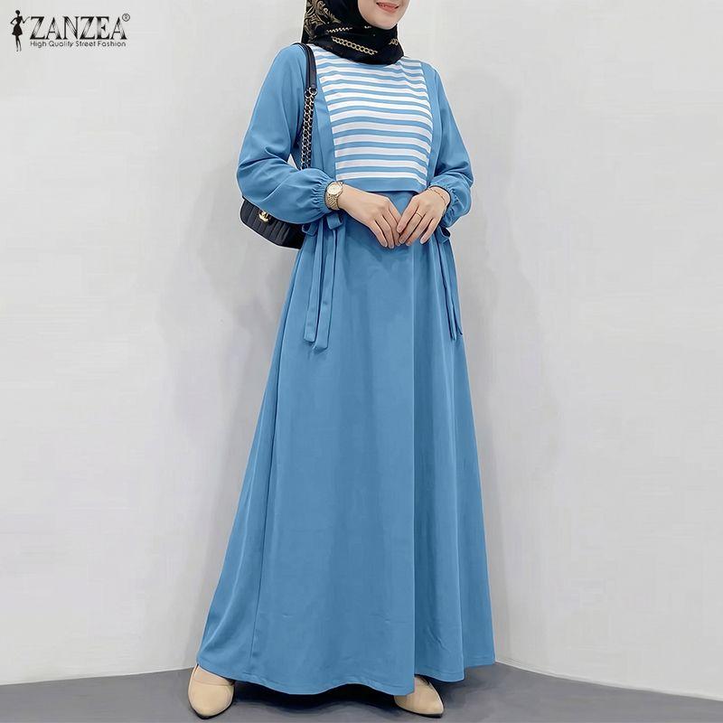 ZANZEA Robe longue décontractée pour femme à col rond, manches longues, coupe ample, patchwork à rayures