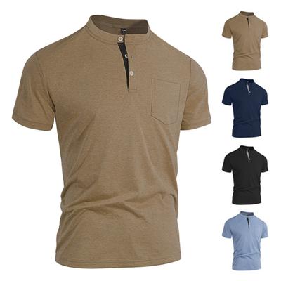 Men Quarter Button T-Shirt Solid Color Short Sleeve Band Collar Summer Tee Loose Fit Tee Shirt with Chest Pocket for Street Holiday Beach