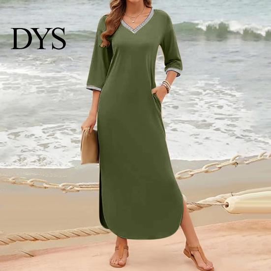Casual Dress Women Maxi with Side Pockets V Neck 3/4 Sleeves Loose Slit Hem Solid Color Patchwork Pullover Beach