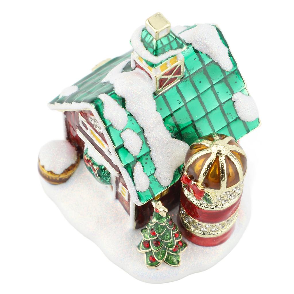 Xmas House Figurine Trinket Box Hinged Collectible Rhinestones Jeweled Painted Enameled Jewelry Ring Holder Box
