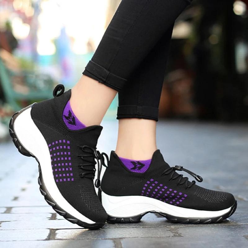 Women Walking Trainers Fashion Fly Weaving Sock Sneakers 2024 Breathe Comfort Nursing Shoes Casual Platform Loafers Non-Slip