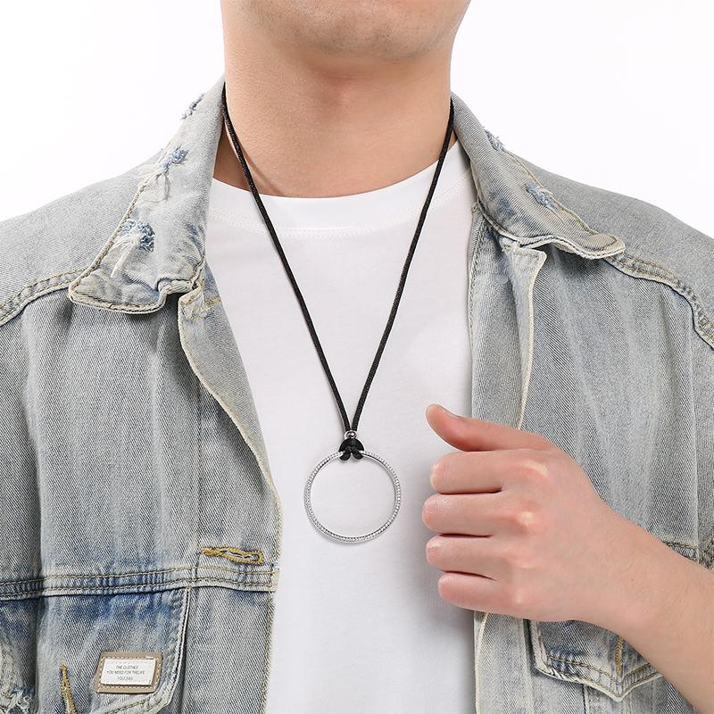 Kalen Stainless Steel Zircon Circle Pendant Necklace for Men Women Rock Black Cord Accessory Gifts Minimalist Hip Hop Jewelry