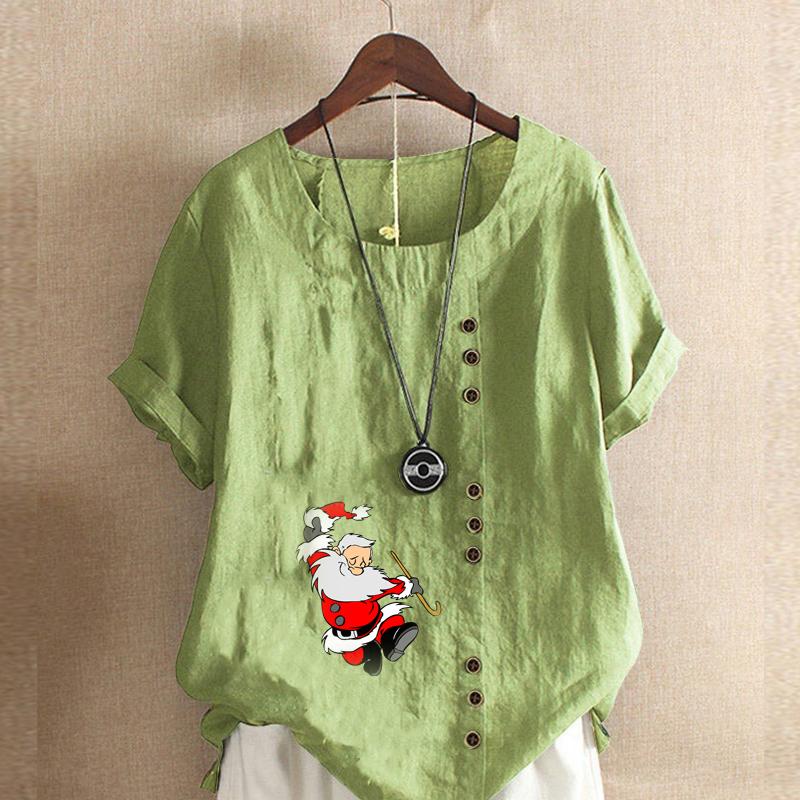 

Женская модная футболка с принтом Санта-Клауса, круглым вырезом и коротким рукавом, повседневная, из хлопка и льна, с графическим рисунком, для отдыха, свободная, летняя блузка, топы 5XL зелёный