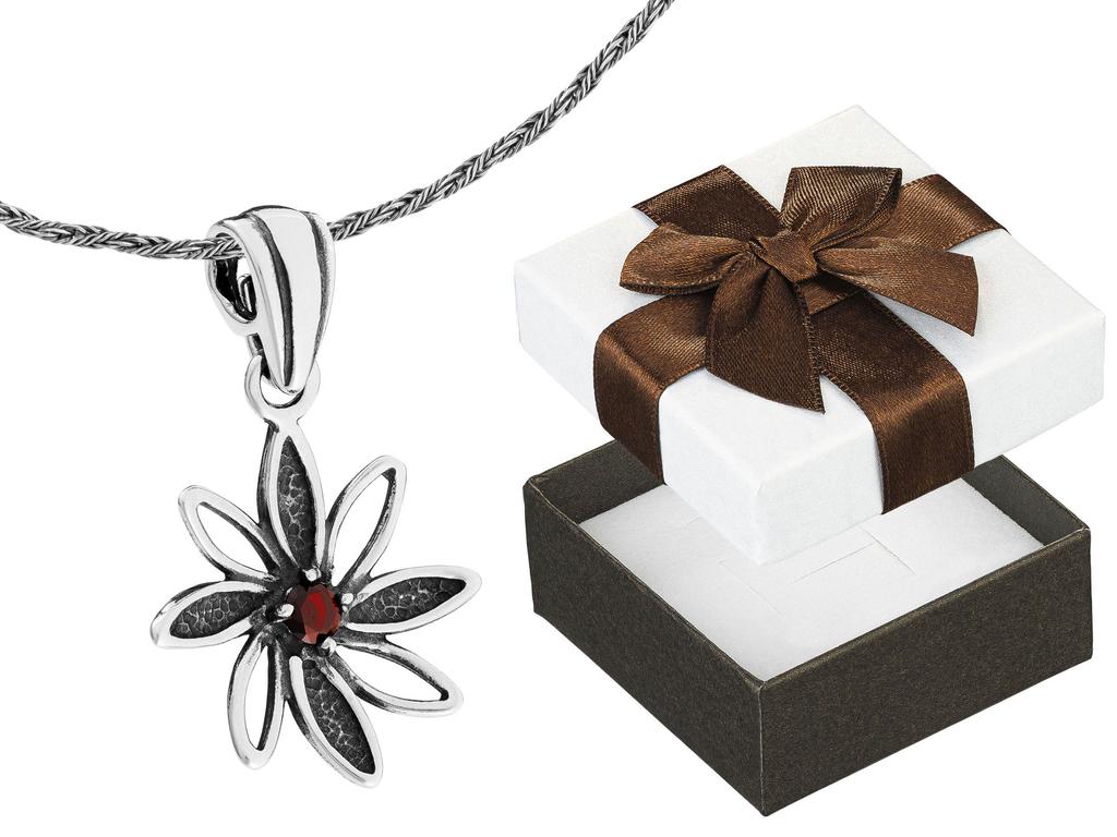 Long Silver Oxidized Women's Necklace Flower With Red Zirconia 50