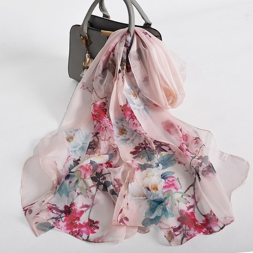 [BYSIFA] 100% Silk Chiffon Scarf Female Brand Leaves Design Grey Khaki Long Scarves Beach Shawls Fall Winter Women Neck Scarves