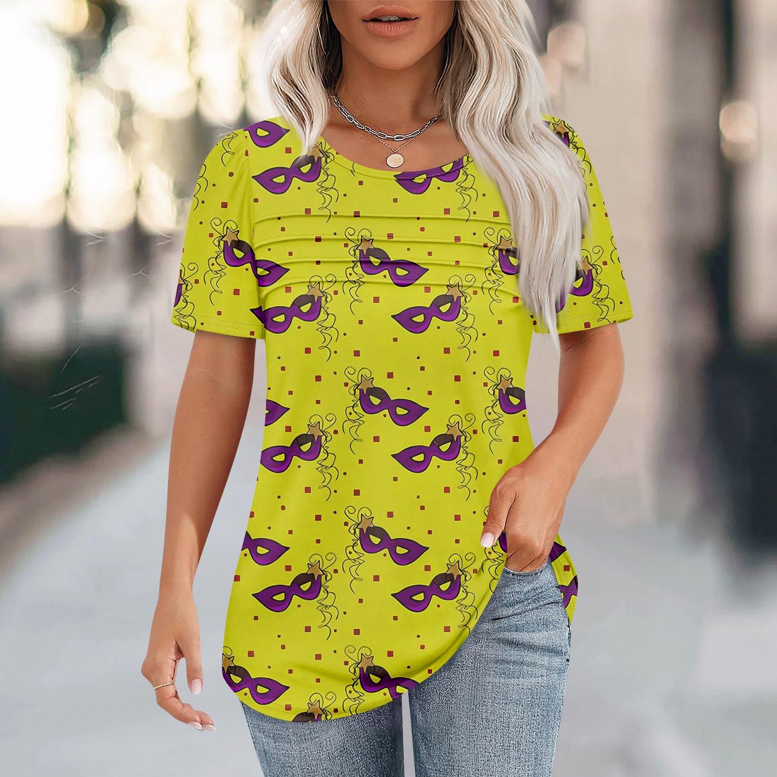 

Women s Carnival Mask Print Short Sleeve Loose Round Neck Pleated Top XXL жовтий