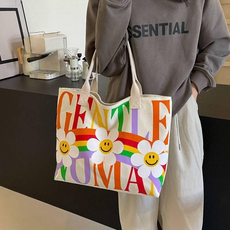 Neue bedruckte Canvas-Tasche Mode Reißverschluss Jugend Umhängetasche, Schultaschen für Teenager-Mädchen, Tragetasche mit großem Fassungsvermögen für Frauen, Arbeit, Reisen