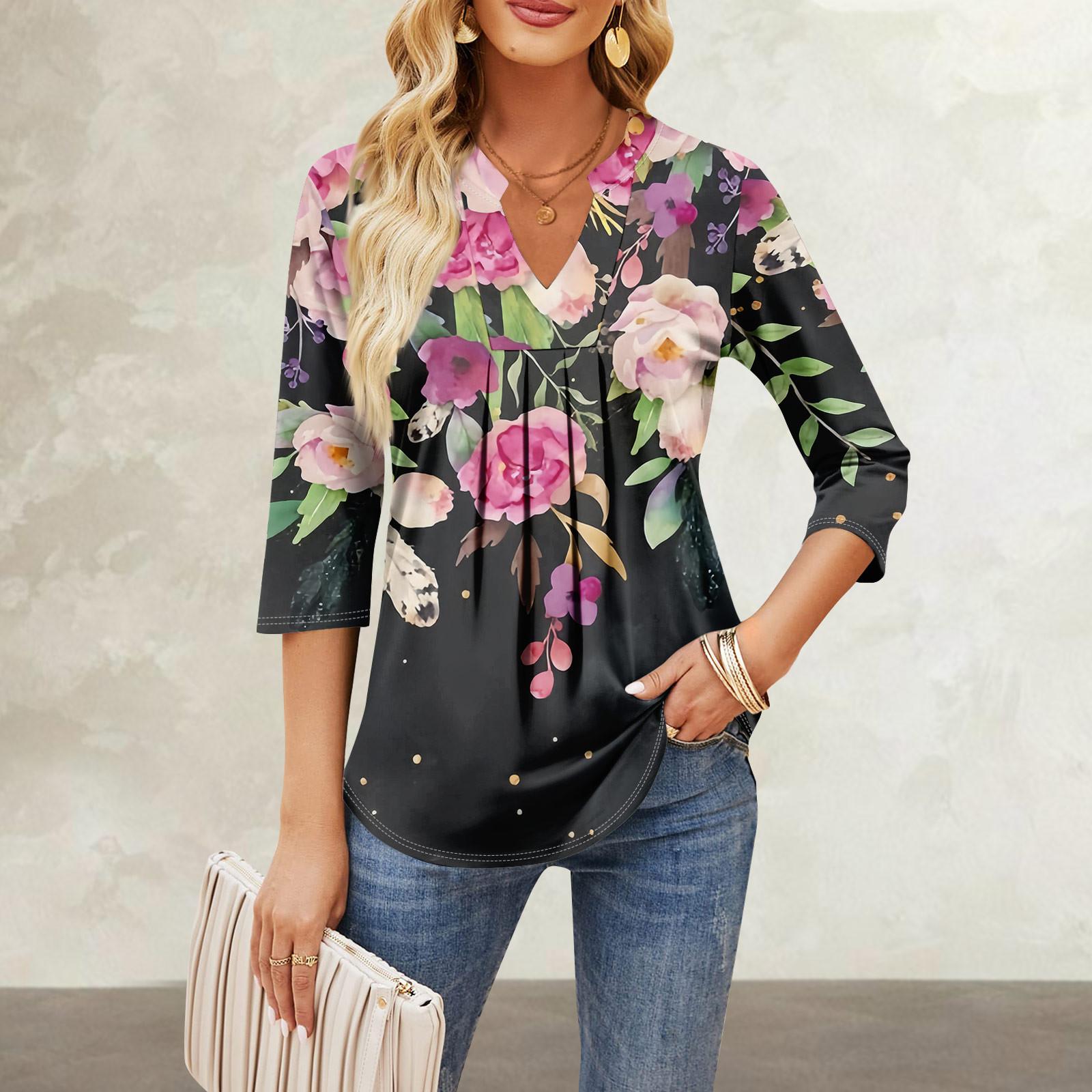 

Женские топы с рукавом семь четвертей, повседневные свободные футболки с v-образным вырезом и оборками на груди с принтом XL чёрный