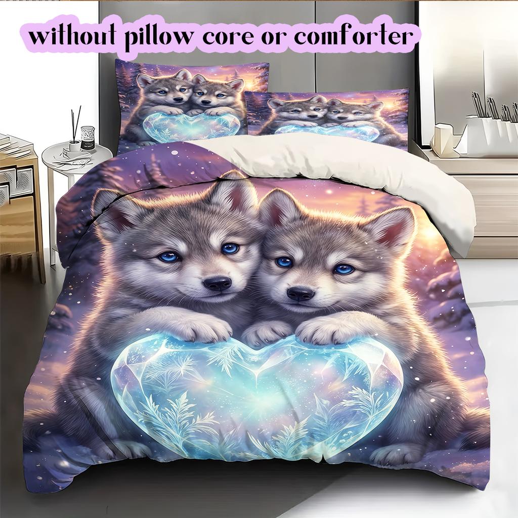 Two animals and lovePattern Bedding Quilt Set Quilt Cover Pillowcase Home Decoration Birthday Gift (1 * duvet cover + 2 * pillowcase, without core)