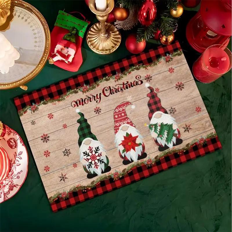 1PC Christmas Placemats Linen Christmas Trees Snowflake Gnome Print Table Mats Xmas Table Pads for Home Hotel