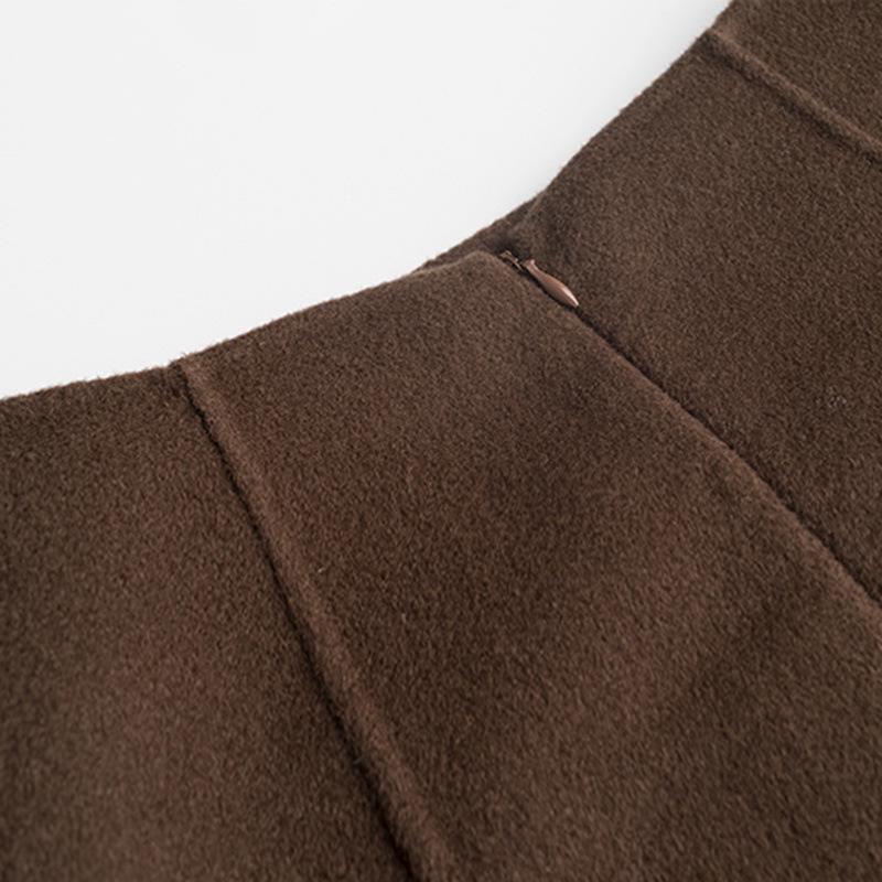 Spring Summer OL Retro Patchwork Woolen Skirt - Solid Brown, Hong Kong Style, Professional Japanese Design