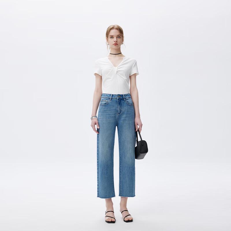 Fengmao Women's Lycra Raw Hem Straight-Leg Jeans