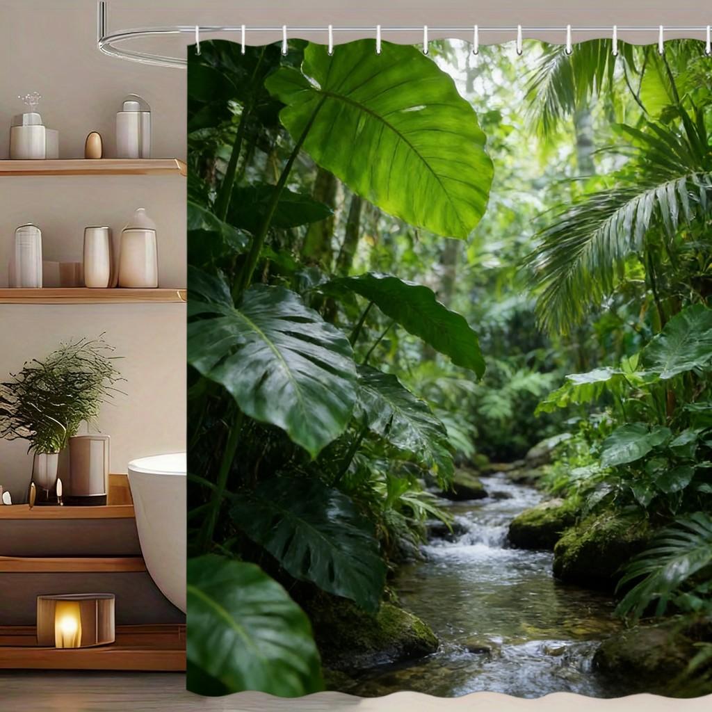 Lush Tropical Rainforest Stream with Giant Monstera Leaves Waterproof Shower Curtain for Bathroom Decor